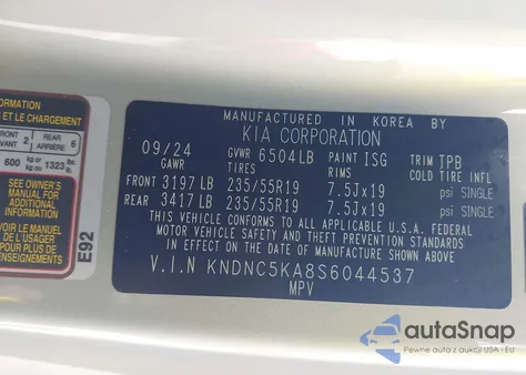 2025 Kia Carnival Mpv Hybrid Ex из США, поврежденный, VIN KNDNC5KA8S6044537